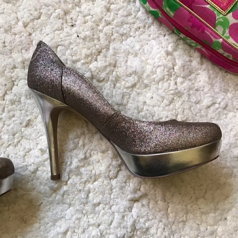 GUESS: Multicolored Rainbow Metallic Glitter Heels Platform Pumps Sz 8.5